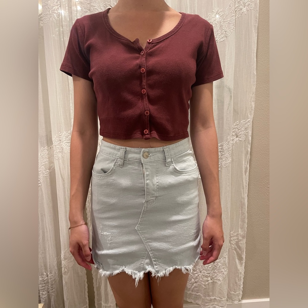Button up crop top in maroon.